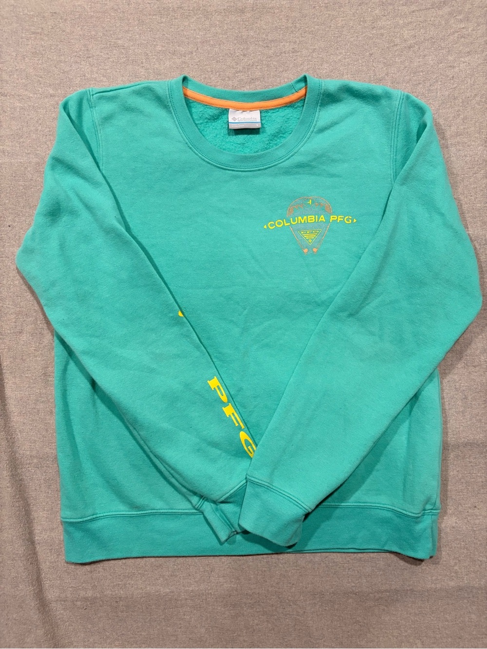 Columbia PFG Teal Crewneck Sweatshirt with Yellow Accents Mens Small